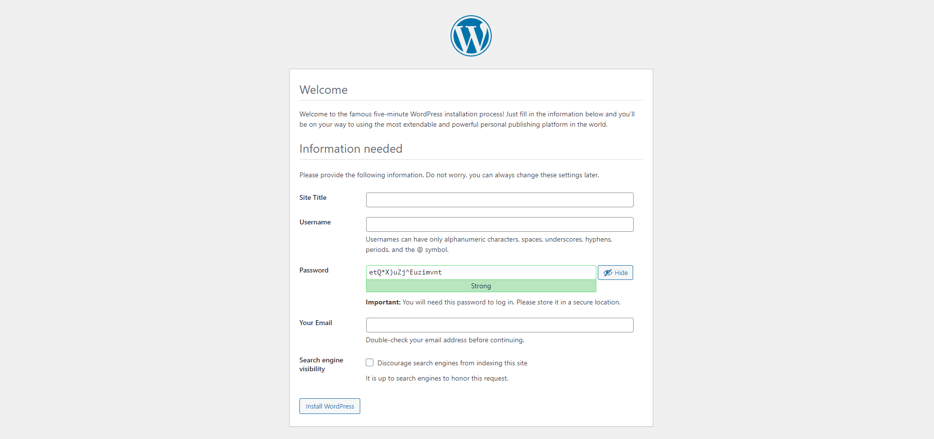 The WordPress setup screen